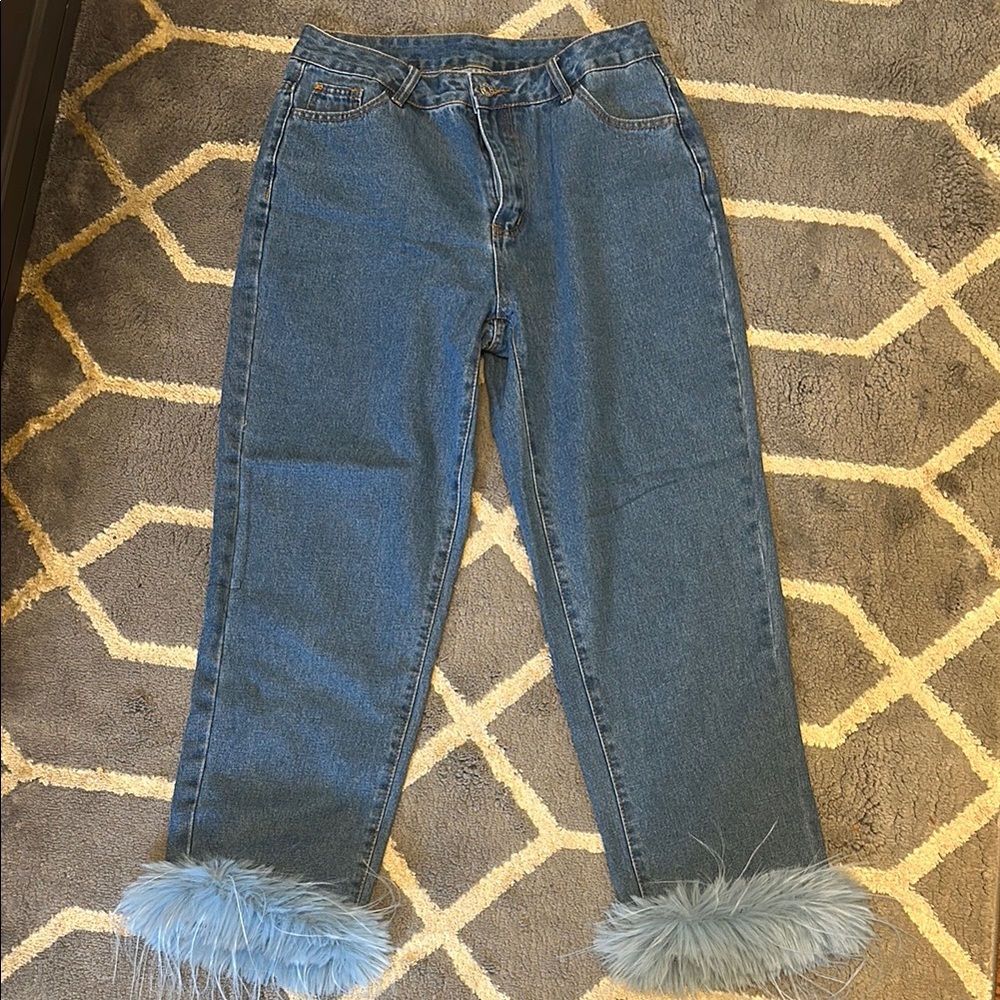 Women's Blue Jeans with Faux Fur Trim